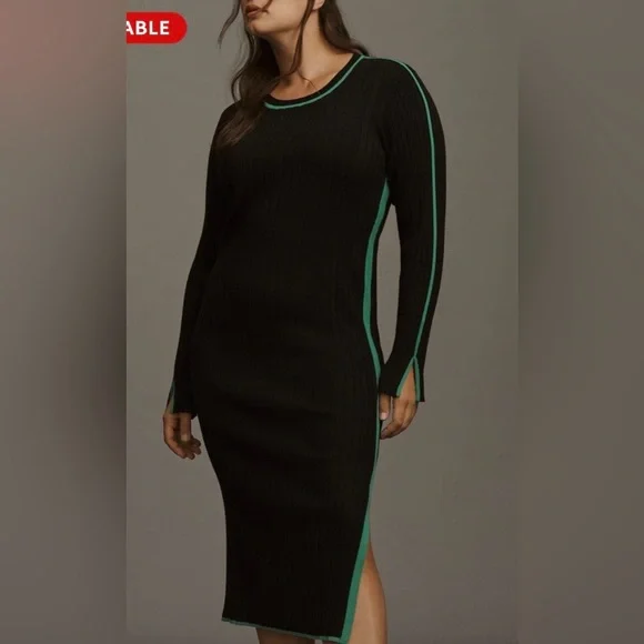 Anthropologie Daily Practice XL Ribbed Sweater Dress Black Green Stripe Midi - Picture 4 of 8